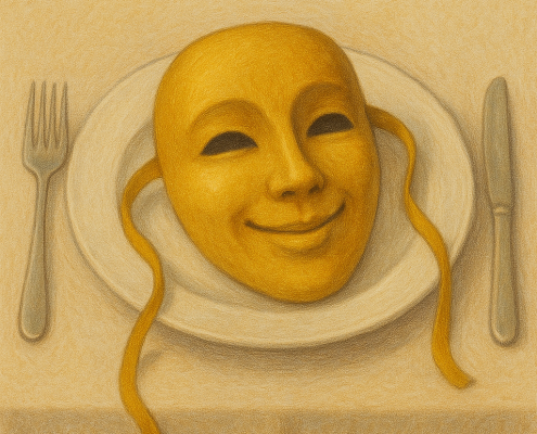 karneváli maszk egy tányéron – a pszichológiai maszkolás szimbolikus ábrázolása